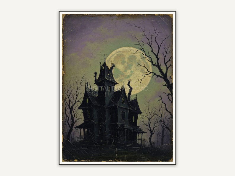 Vintage oil painting of haunted manor under full moon