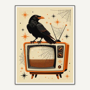 Raven on vintage TV with spiderweb, retro Halloween illustration
