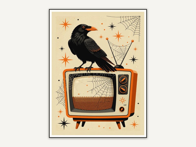 Raven on vintage TV with spiderweb, retro Halloween illustration