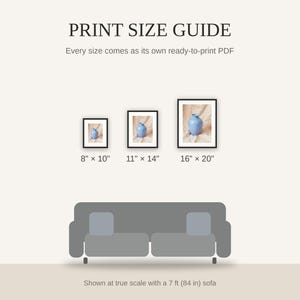 Print size guide showing 8x10, 11x14, and 16x20 framed prints at true scale beside a sofa