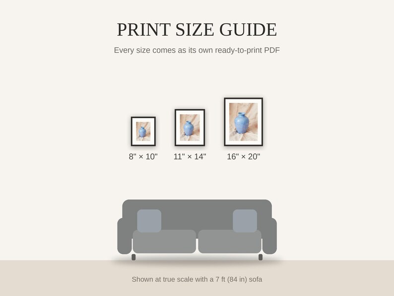 Print size guide showing 8x10, 11x14, and 16x20 framed prints at true scale beside a sofa