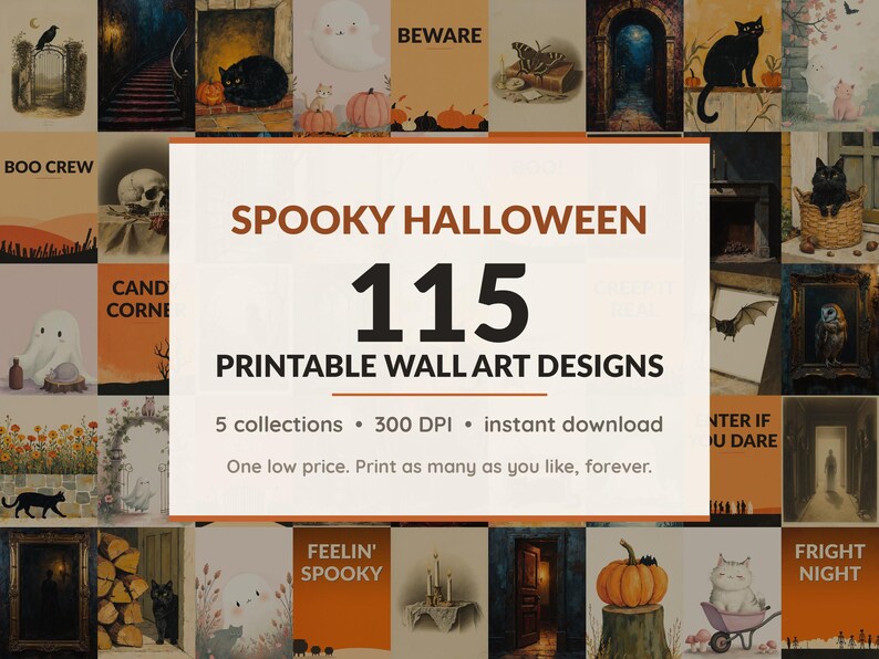 Halloween printable wall art mega bundle with 115 art prints in 5 collections: Antique Engraved Portraits, Shadowed Manor Studies, Mustard Hearth Folk, Blush Phantom Friends, Diner Night Posters