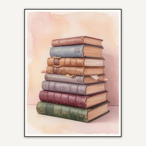 watercolor stacked books print