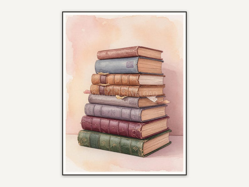 watercolor stacked books print