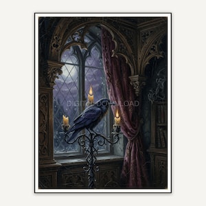 Raven on candelabra in moonlit manor window