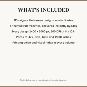 What is included: 115 Halloween designs in 5 printable PDF volumes at 300 DPI with a printing guide