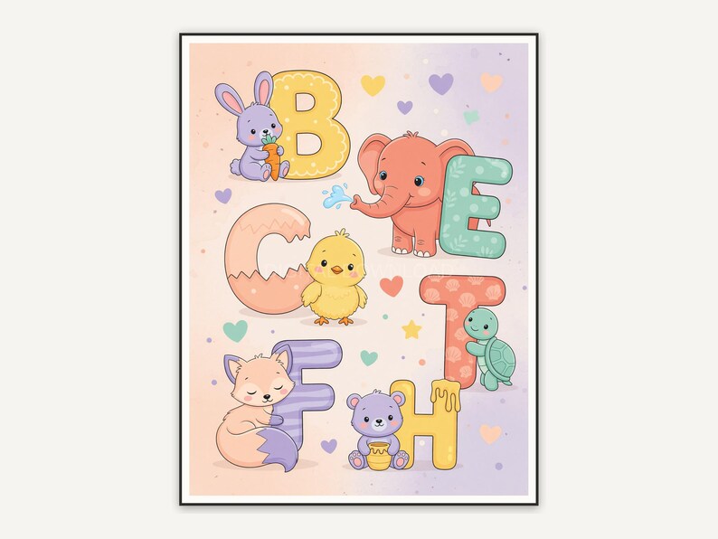 Baby elephant with letter E in pastel tones