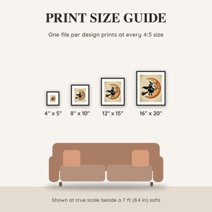 Print size guide showing 4x5, 8x10, 12x15 and 16x20 inch Halloween prints at true scale beside a sofa