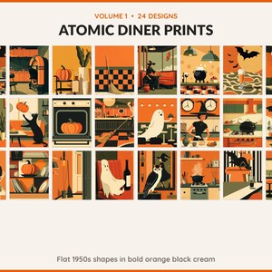 Volume 1 Atomic Diner Prints: 24 printable Halloween art designs, flat 1950s shapes in bold orange black cream