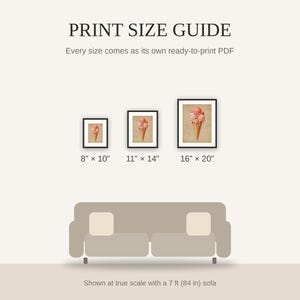 Print size guide showing 8x10, 11x14, and 16x20 framed prints at true scale beside a sofa