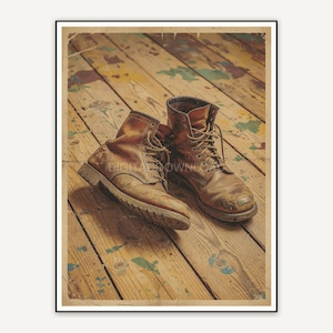 retro style leather work boots on wood