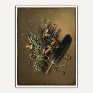 Vintage oil painting of dried herbs, mushrooms and raven feather