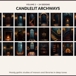 Volume 2 Candlelit Archways: 24 printable Halloween art designs, moody gothic studies of manors and libraries in deep tones