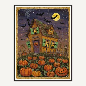 Primitive haunted cottage with pumpkin patch