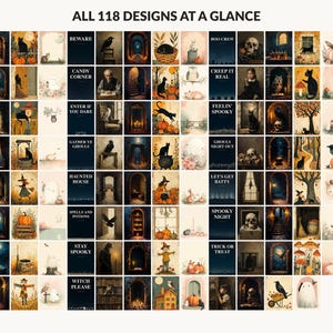 All 118 Halloween printable designs in the bundle shown together on one contact sheet