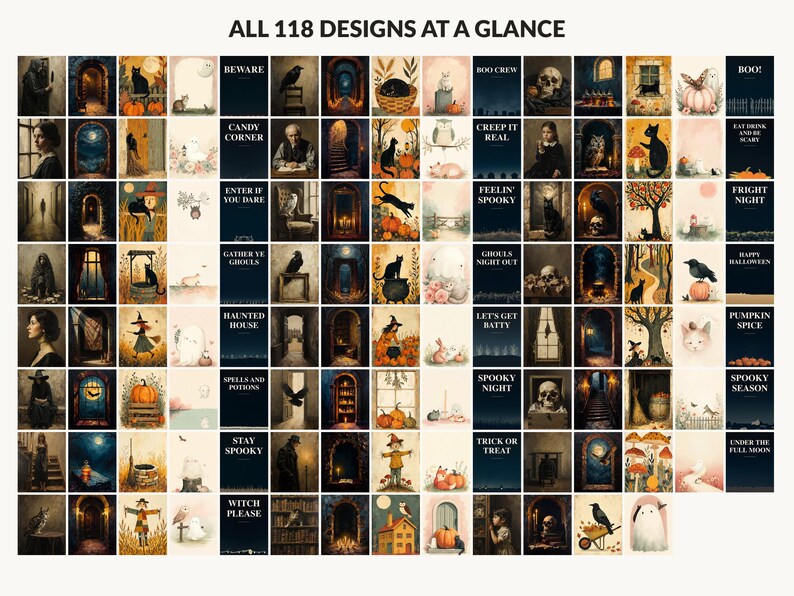 All 118 Halloween printable designs in the bundle shown together on one contact sheet