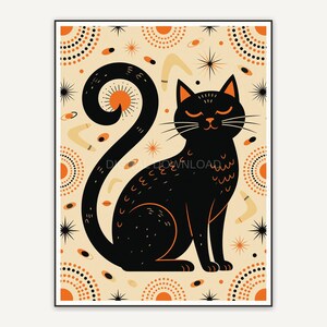 Retro mid-century black cat print in orange and black