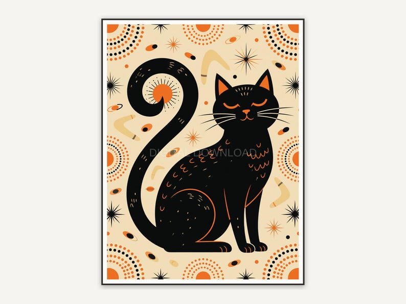 Retro mid-century black cat print in orange and black