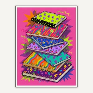 bold colorful illustration of stacked notebooks with playful patterns