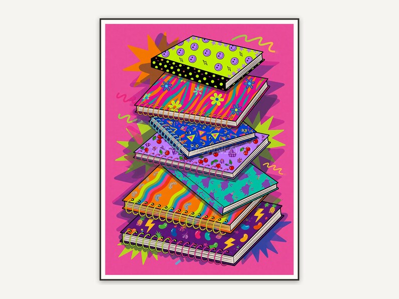 bold colorful illustration of stacked notebooks with playful patterns
