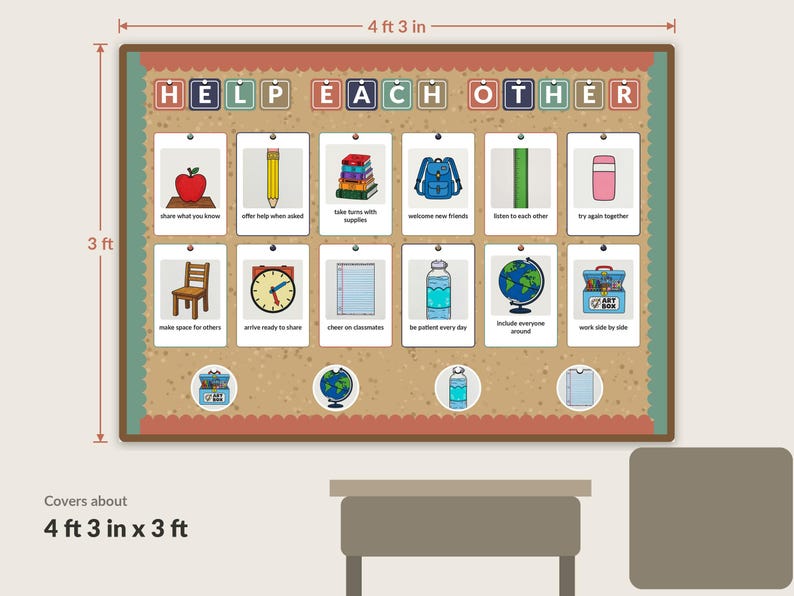 Assembled kit on a classroom wall, about 4 ft 3 in by 3 ft