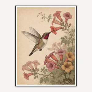 vintage hummingbird near flowers print