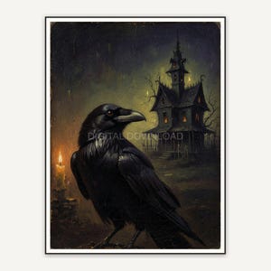 Profile raven with distant haunted house silhouette in oil painting style