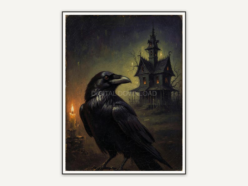 Profile raven with distant haunted house silhouette in oil painting style