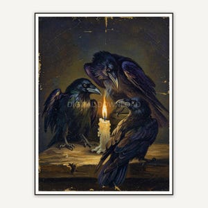 Three ravens around a flickering candle in muted vintage palette