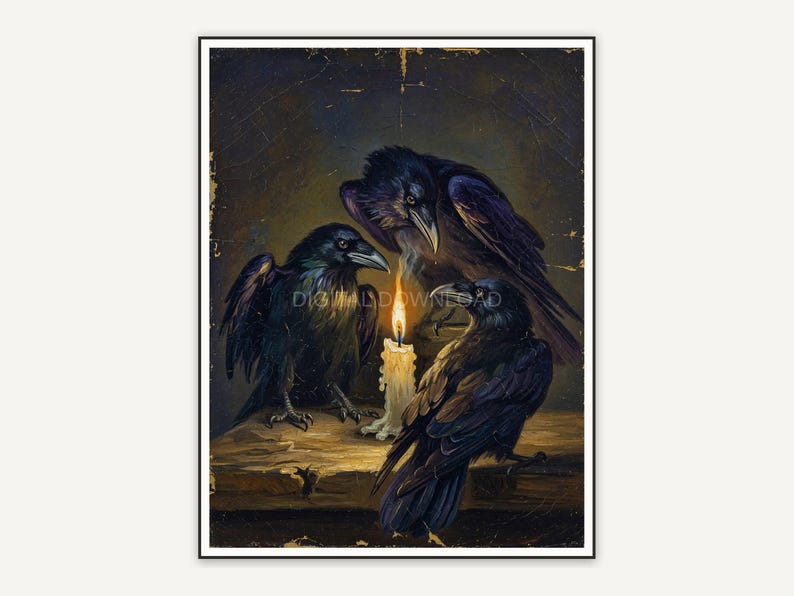 Three ravens around a flickering candle in muted vintage palette