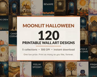 Halloween Moon Print Mega Bundle, 120 Prints, Vintage Spooky Decor, Witchy Gallery Wall, Cottagecore Art, Digital Download