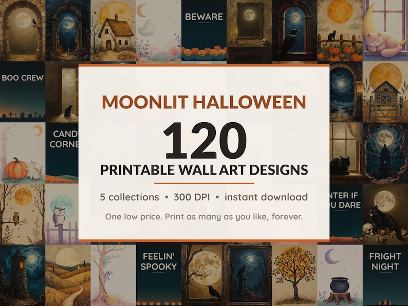 Halloween printable wall art mega bundle with 120 art prints in 5 collections: Antique Lunar Portraits, Gothic Moon Studies, Harvest Moon Folk, Blush Moon Companions, Midnight Moon Fields