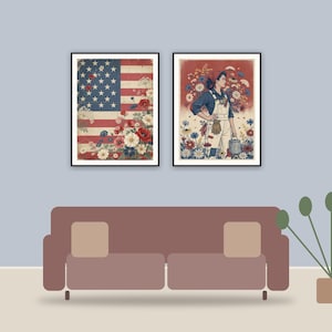 vintage americana printable art framed above a sofa in a styled living room