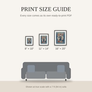 Print size guide showing 8x10, 11x14, and 16x20 framed prints at true scale beside a sofa