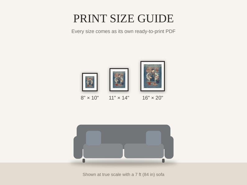 Print size guide showing 8x10, 11x14, and 16x20 framed prints at true scale beside a sofa