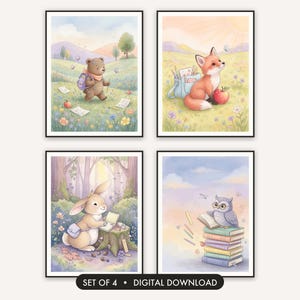 Classroom Printable Wall Art, Teacher Decor, Kids Room Animal Prints, Back to School Set of 4, Digit
