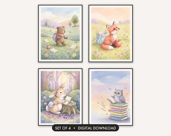 Classroom Wall Art Printable Set of 4 | Watercolor Animal Prints for Kids Room & Teacher Decor | Back to School Digital Download