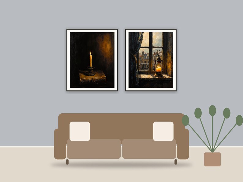 Moody Candle Studies printable art framed above a sofa in a styled living room