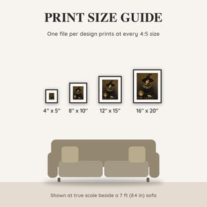 Print size guide showing 4x5, 8x10, 12x15 and 16x20 inch Halloween prints at true scale beside a sofa