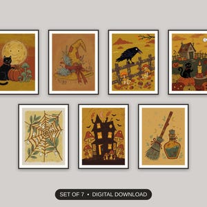 Set of 7 halloween decor and spooky season wall art printable prints shown as a gallery wall