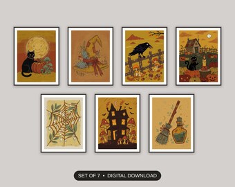 Spooky Fall Decor, Set Of 7, Whimsigoth Cottagecore Folk Prints, Kitchen Mantel Art, Cozy Entryway Gallery Wall, Digital Download