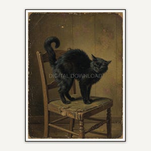 Antique oil painting of an arched black cat on a wooden chair in sepia hues