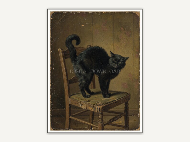 Antique oil painting of an arched black cat on a wooden chair in sepia hues