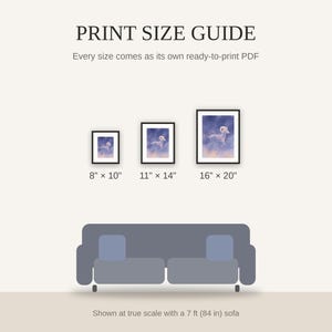 Print size guide showing 8x10, 11x14, and 16x20 framed prints at true scale beside a sofa
