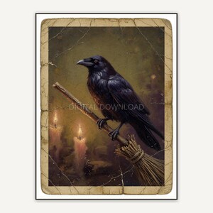 Vintage oil painting postcard of a raven on a broomstick