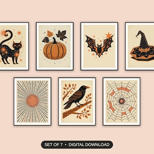 Set of 7 halloween decor and spooky season wall art printable prints shown as a gallery wall