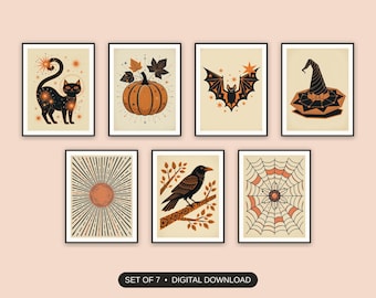 Conjunto de 7 imágenes PNG de Halloween retro, láminas de Halloween retro, estilo de mediados de siglo, pared de galería de cocina, decoración de restaurante atómico, descarga digital.