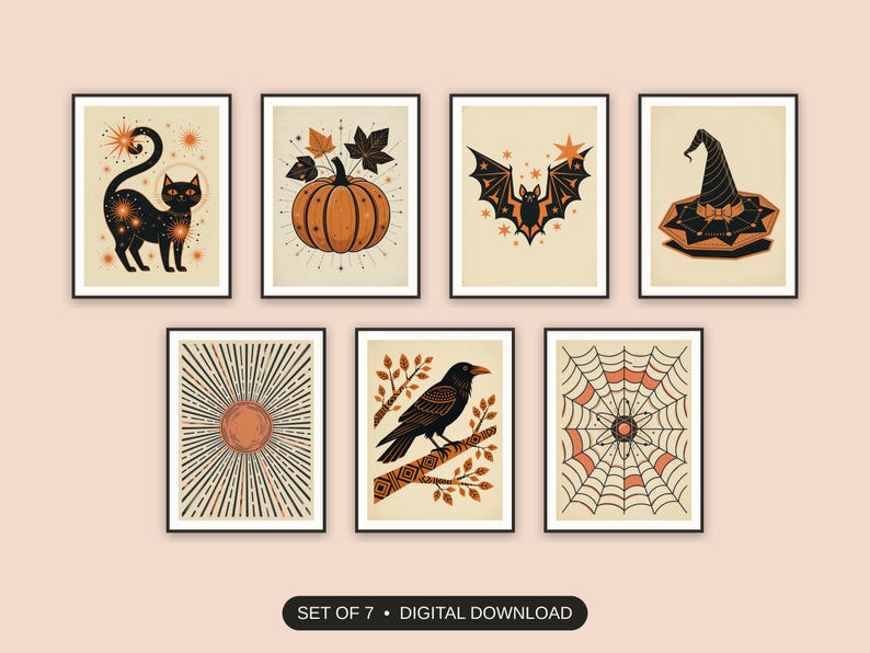 Set of 7 halloween decor and spooky season wall art printable prints shown as a gallery wall