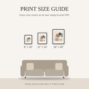 Print size guide showing 8x10, 11x14, and 16x20 framed prints at true scale beside a sofa