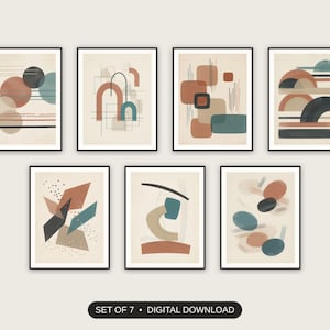 Set of 7 japandi mid-century modern abstract printable prints shown as a gallery wall